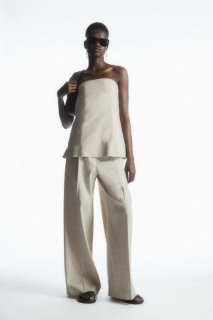 Beige Women's COS Linen-Blend Wide-Leg Tailored Pants | 021975WES