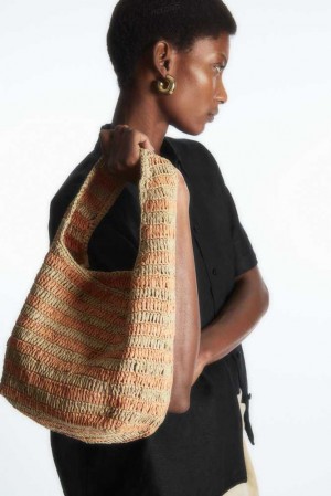 Beige / Orange / Striped Women's COS Mini Raffia Shoulder Bag Bags | 302689RBQ