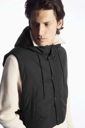 Black Men's COS Buckled-Side Padded Hooded Vest | 063748NCG