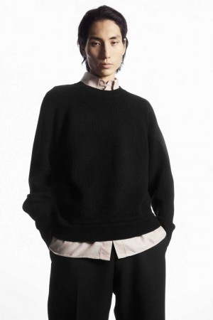 Black Men's COS Crew-Neck Wool Sweaters | 693481EAW