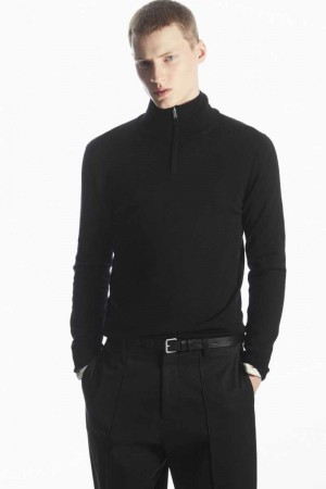 Black Men's COS Funnel-Neck Wool Half-Zip Sweaters | 687450VUL