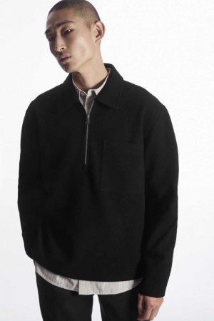 Black Men's COS Half-Zip Wool-Blend Sweaters | 375486MNF