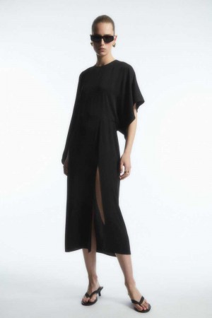 Black Women's COS Asymmetric-Sleeve Draped Midi Dress | 409256VGB