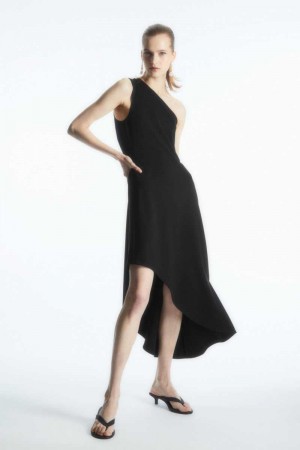 Black Women's COS Asymmetric One-Shoulder Midi Dress | 185029DOM