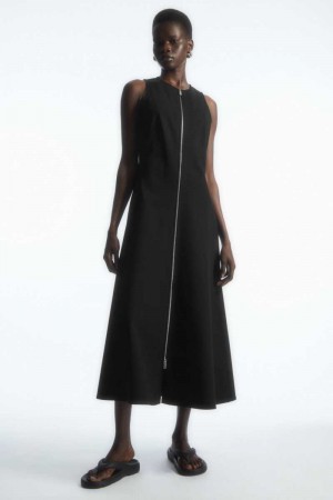 Black Women's COS Flared Zip-Up Midi Dress | 250134FWB