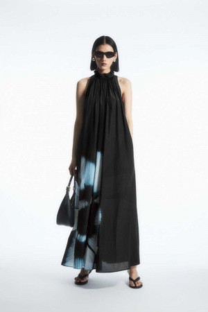 Black Women's COS Floral-Print Silk-Blend Maxi Dress | 354672RXH