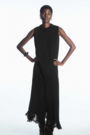 Black Women's COS Fringed Paneled Wool Midi Dress | 692371SZA