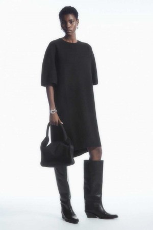 Black Women's COS Oversized-Fit Wool T-Shirt Dress | 072864LWX