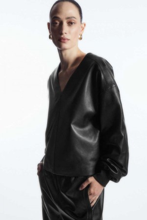 Black Women's COS Oversized V-Neck Leather Tops | 167309VYI