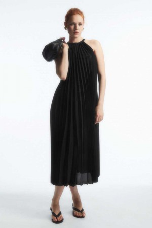 Black Women's COS Pleated Halterneck Midi Dress | 342179KEI