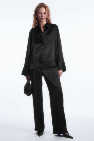 Black Women's COS Straight-Leg Crinkled-Satin Pants | 129085MYI