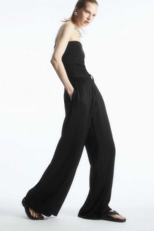 Black Women's COS Textured Wide-Leg Drawstring Pants | 481756MJT