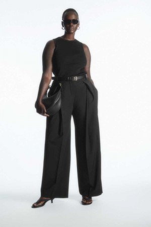 Black Women's COS Wide-Leg Pleated Wool Pants | 347586GHT