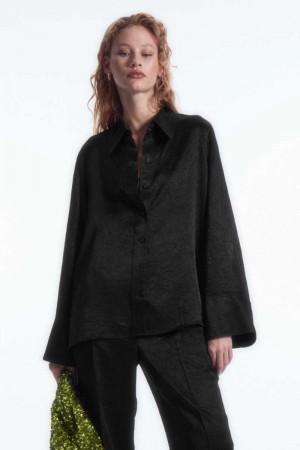 Black Women's COS Wide-Sleeve Crinkled-Satin Shirts | 286073VLZ