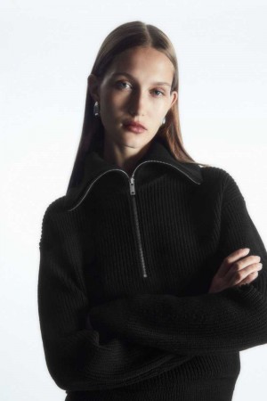 Black Women's COS Wool And Cotton Half-Zip Sweaters | 394806YQK