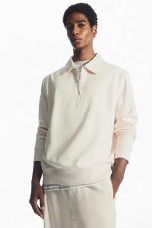 Cream Men's COS Collared Half-Zip Sweatshirts | 973158TSA