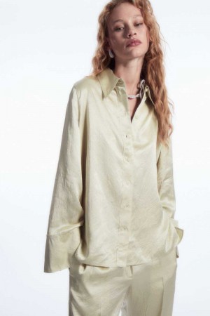 Cream Women's COS Wide-Sleeve Crinkled-Satin Shirts | 248106STY