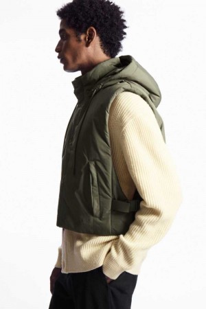 Dark Green Men's COS Buckled-Side Padded Hooded Vest | 297413WNY