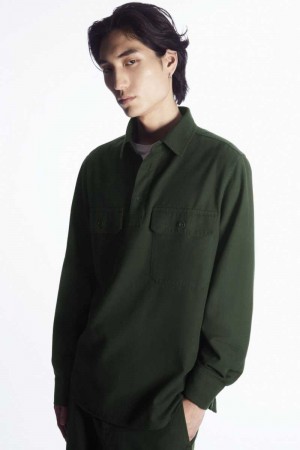 Dark Green Men's COS Half-Placket Utility Overshirt Shirts | 792086JKS