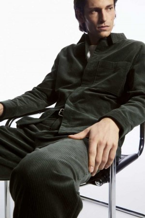 Dark Green Men's COS Utility-Style Corduroy Overshirt Shirts | 065897BDV