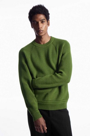 Green Men's COS Crew-Neck Wool Sweaters | 392845ICV