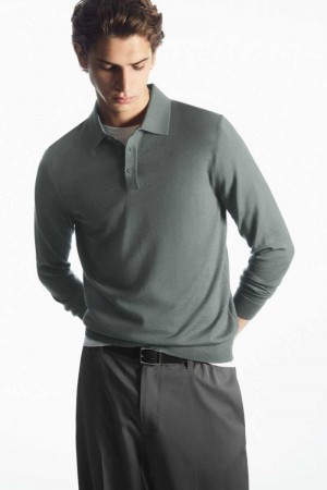 Green Men's COS Merino Wool Polo Shirts | 416750TQE