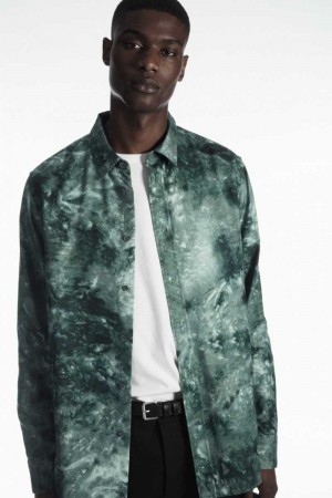 Green / Grey Men's COS Tie-Dye Print Fluid Shirts | 791680TDL