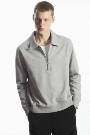 Grey Men's COS Collared Half-Zip Sweatshirts | 710869QBL