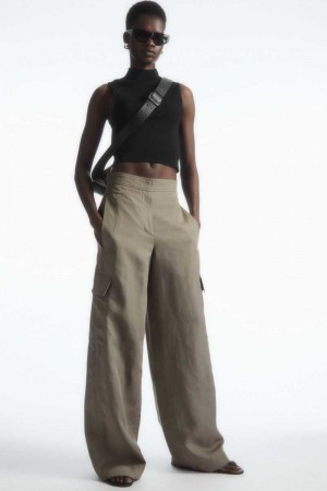 Grey Women's COS Wide-Leg Linen-Blend Cargo Pants | 497632ONI