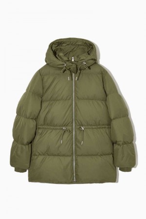 Khaki Green Women's COS Drawstring-Waist Puffer Coats | 732984ASX