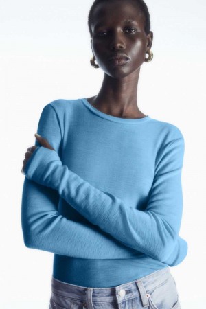 Light Blue Women's COS Crew-Neck Merino Wool Top Sweaters | 714829DSB