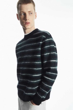 Navy Men's COS Striped Boiled-Wool Sweaters | 721903EBZ