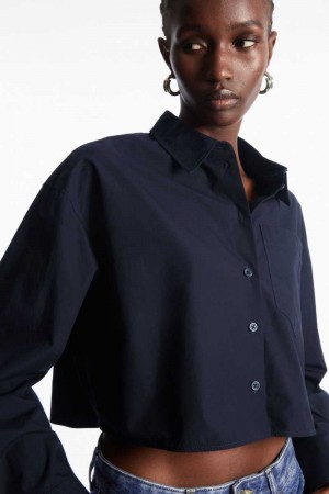 Navy Women's COS Cropped Poplin Shirts | 846712KQJ