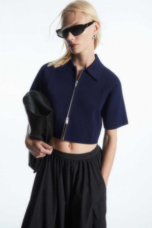 Navy Women's COS Short-Sleeved Cropped Knitted Jackets | 368740LBU