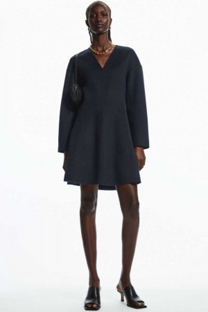 Navy Women's COS V-Neck Double-Faced Wool Dress | 948027MNY