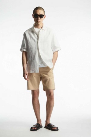 White Men's COS Short-Sleeved Linen Shirts | 653170VED