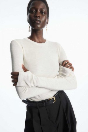 White Women's COS Crew-Neck Merino Wool Top Sweaters | 318064OYW