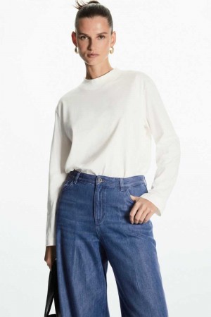 White Women's COS Long-Sleeved Mock-Neck T-Shirt | 524089XUN