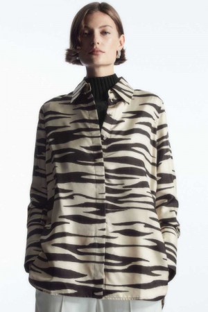 White Women's COS Oversized Zebra-Print Silk Shirts | 207913PST