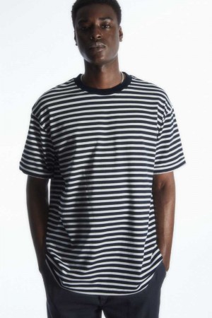 White / Navy Men's COS The Super Slouch T-Shirt | 572849ACI