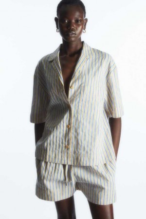 Women's COS Striped Linen-Blend Camp-Collar Shirt Tops | 398245JTA