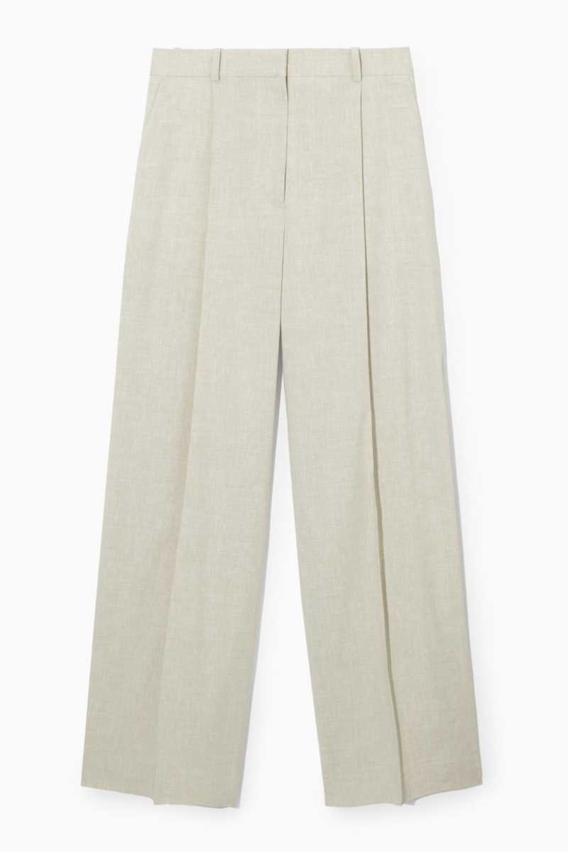 Beige Women's COS Linen-Blend Wide-Leg Tailored Pants | 021975WES