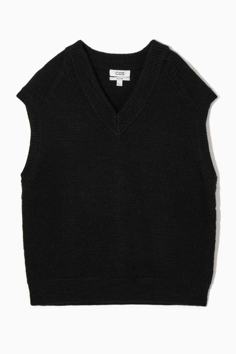 Black Men's COS V-Neck Textured-Wool Vest | 058642OPL