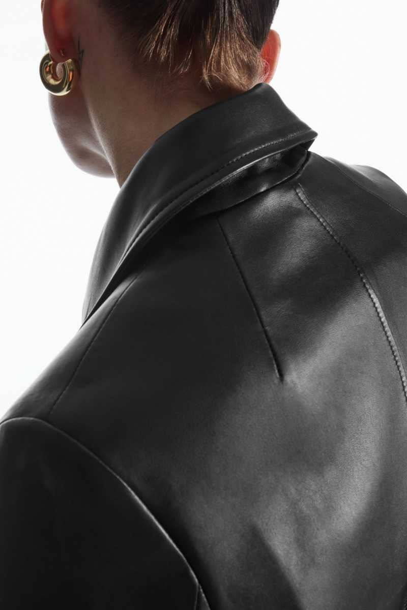 Black Women's COS Double-Breasted Leather Jackets | 742905GYD