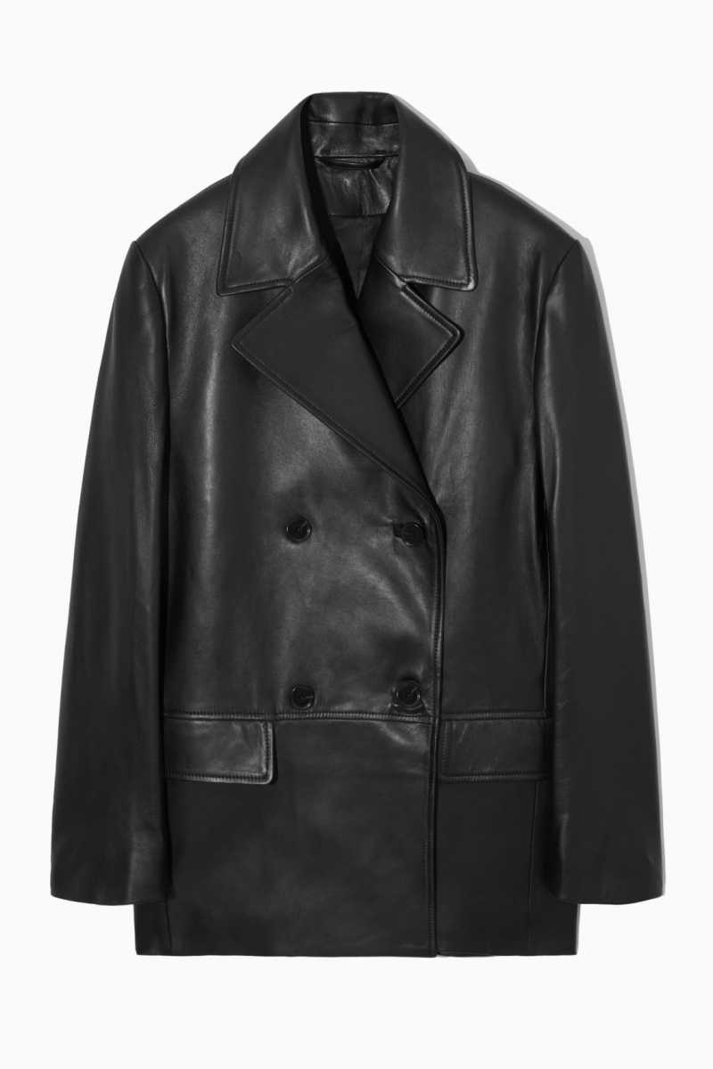 Black Women's COS Double-Breasted Leather Jackets | 742905GYD