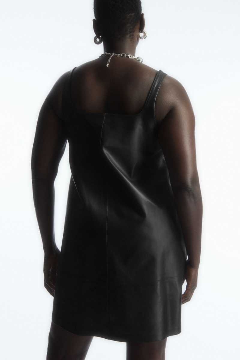 Black Women's COS Leather Mini Pinafore Dress | 259134BDX