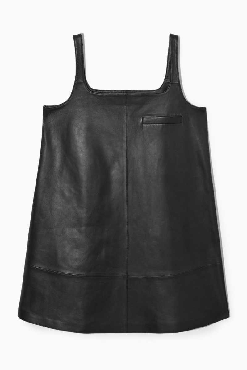 Black Women's COS Leather Mini Pinafore Dress | 259134BDX