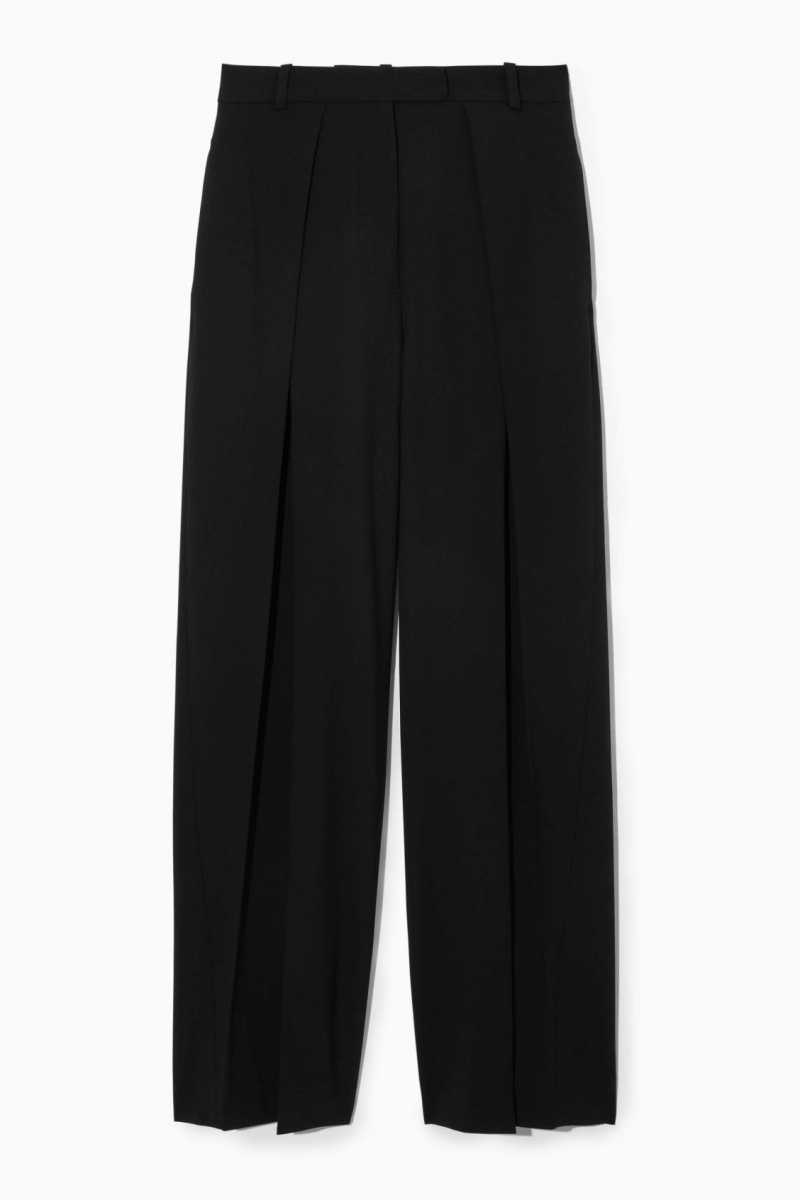 Black Women's COS Wide-Leg Pleated Wool Pants | 347586GHT