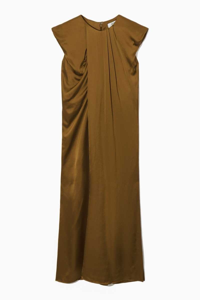 Brown Women's COS Draped Cap-Sleeve Midi Dress | 823479KRB