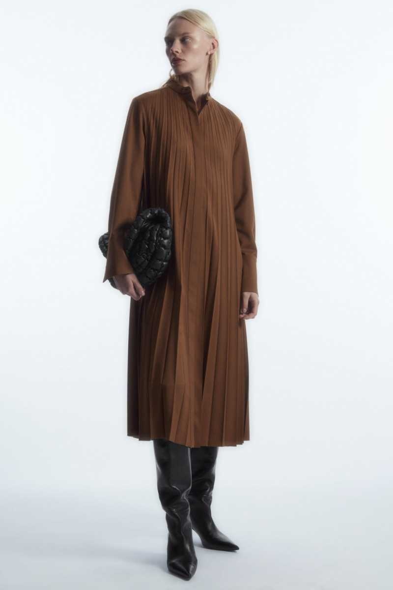 Brown Women's COS Pleated Wool-Blend Dress | 057842EIC